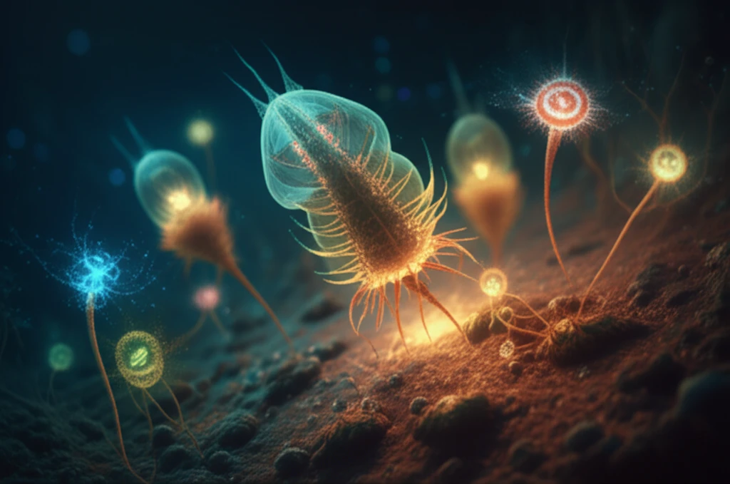 Microscopic benthic dinoflagellates with antioxidant, anti-inflammatory, and anticancer symbols intertwined.