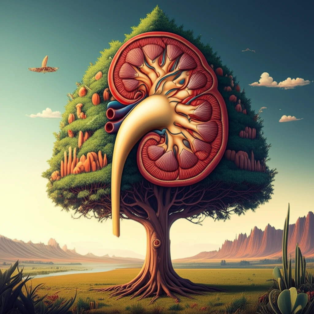 Surreal illustration of a kidney growing on a tree, symbolizing kidney transplantation and life.
