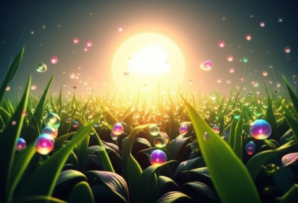 Glowing quantum dots illuminating crops, symbolizing sunlight manipulation.