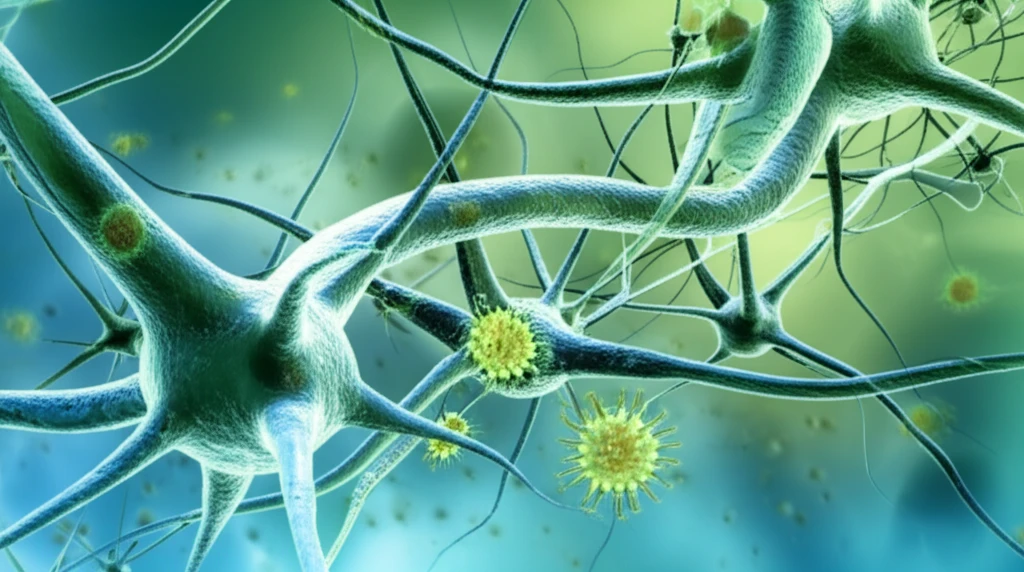 Abstract illustration of neural pathways intertwined with Zika virus particles, symbolizing the possible connection between Zika and Guillain-Barré Syndrome.