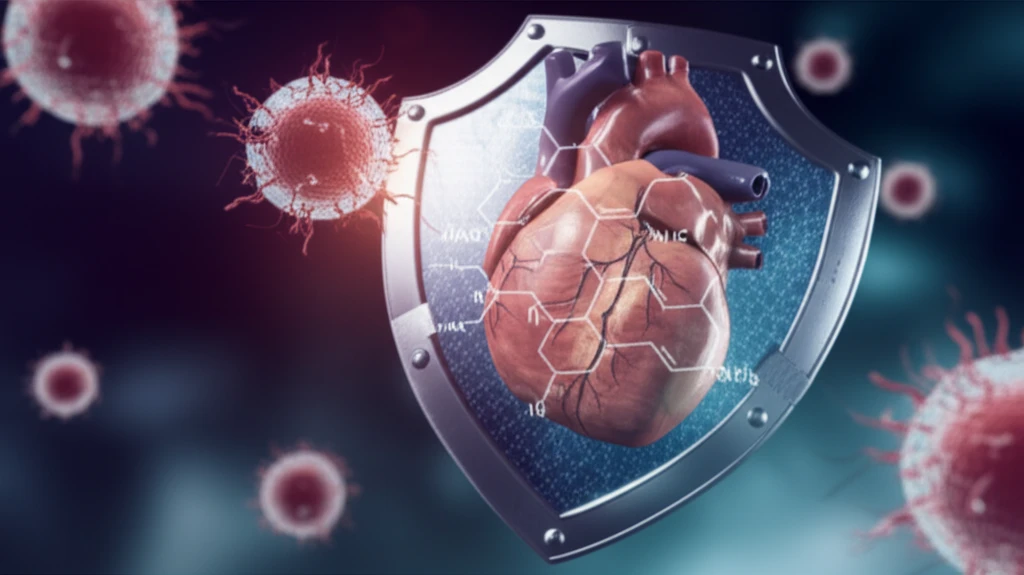 A digital illustration representing gemfibrozil protecting a heart from damage during chemotherapy.