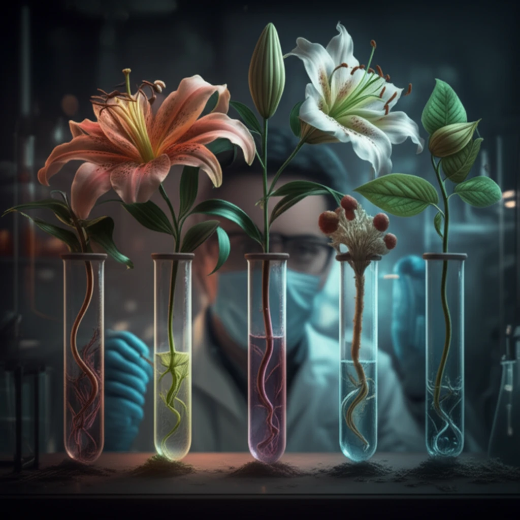 Lilies in test tubes undergoing floral reversion in a lab setting.