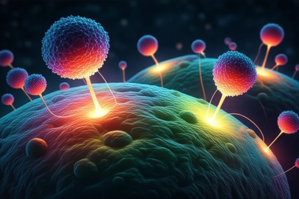 Nanoparticles interacting with cell surfaces, highlighting adhesion and targeted drug delivery.