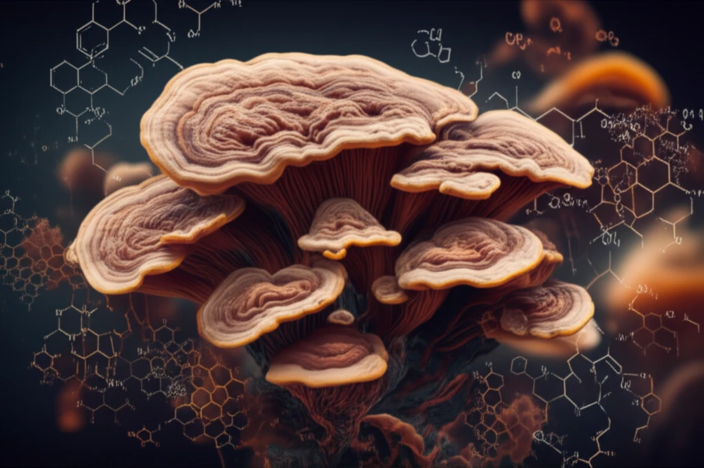 Surreal illustration of Reishi mushroom polysaccharides.