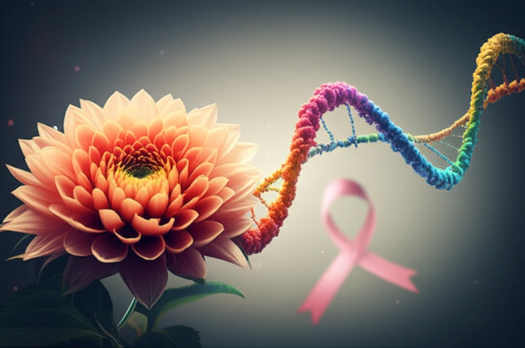 DNA helix intertwined with a flower, symbolizing hope for breast cancer treatment.