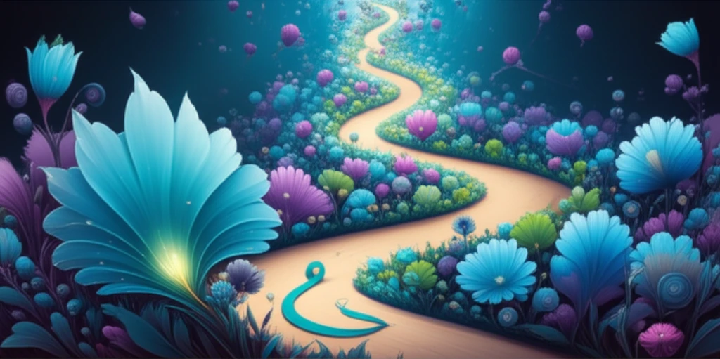 A winding path through a field of stylized flowers, symbolizing hope and growth in ovarian cancer treatment.