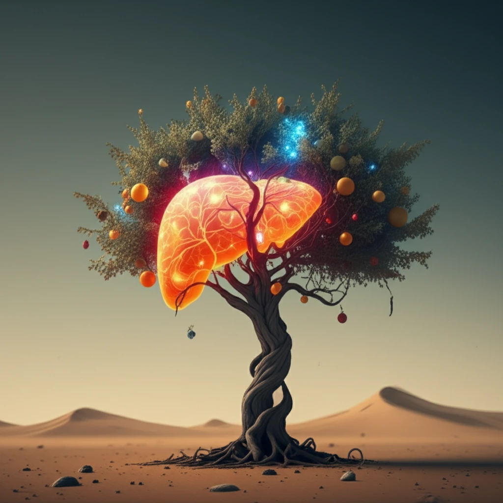 Surreal illustration of a liver tree with biomarker fruits in a hopeful desert landscape.