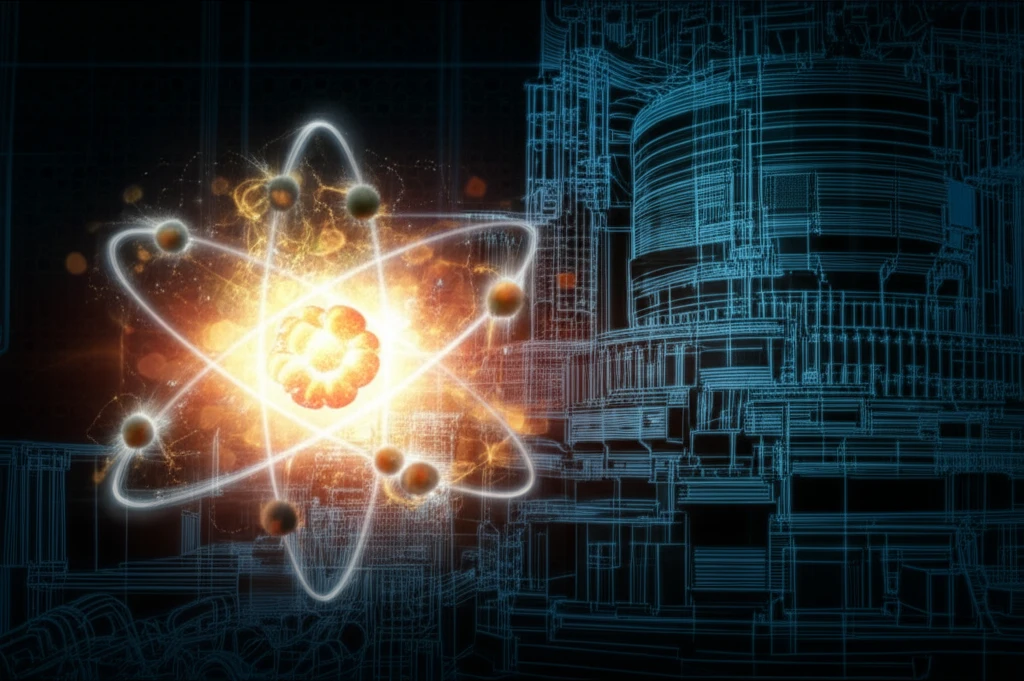Surreal illustration of uranium fission powering a futuristic reactor.