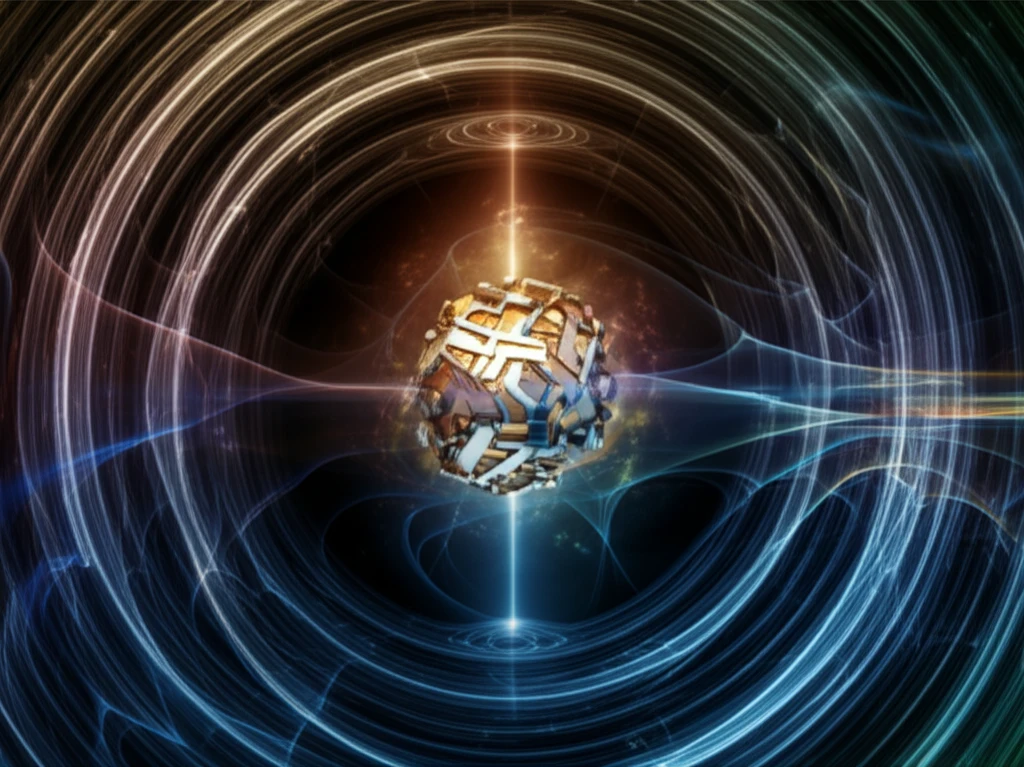 Surreal illustration of a vibration detector amidst gravitational waves.