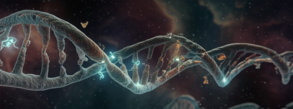 DNA repair process illustrated with glowing proteins fixing damaged strands.
