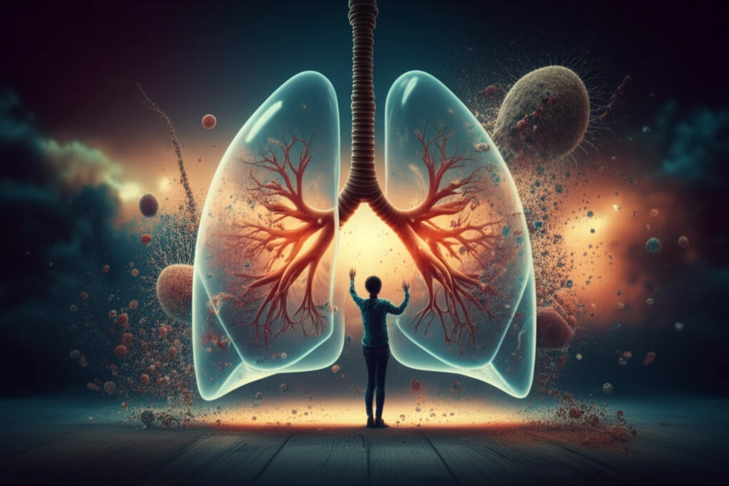 Person breaking free from a glass lung, symbolizing asthma control.