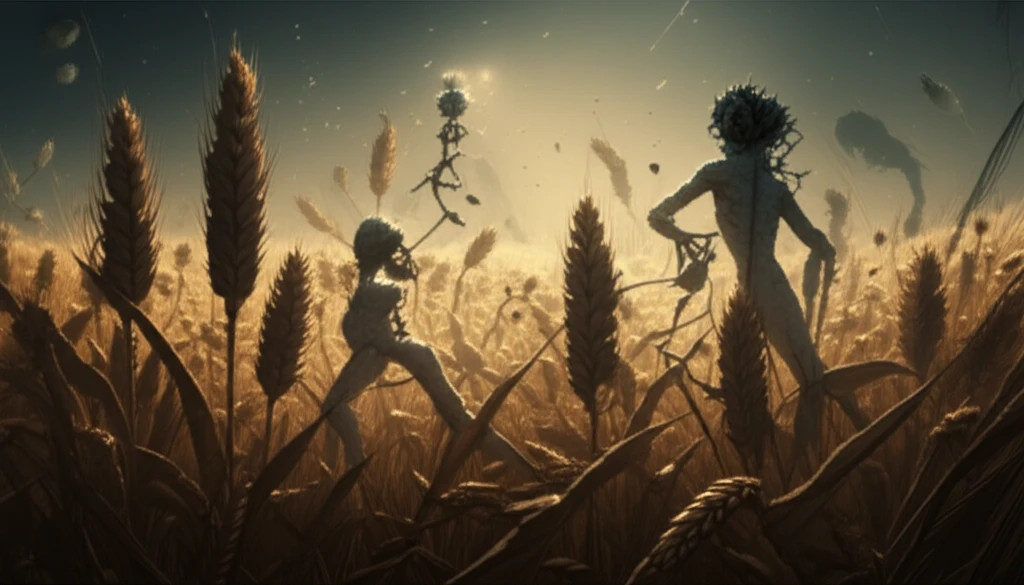 Wheat field with ghostly fungal figures battling, representing hidden disease interactions.