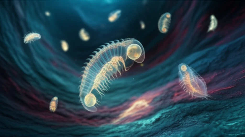 Microscopic sea urchin larvae drifting in ocean currents, showing different survival strategies.