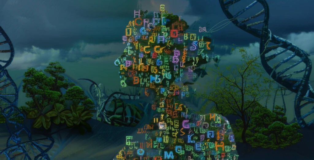 Symbolic image representing the connection between hair chemicals, nature, and DNA.