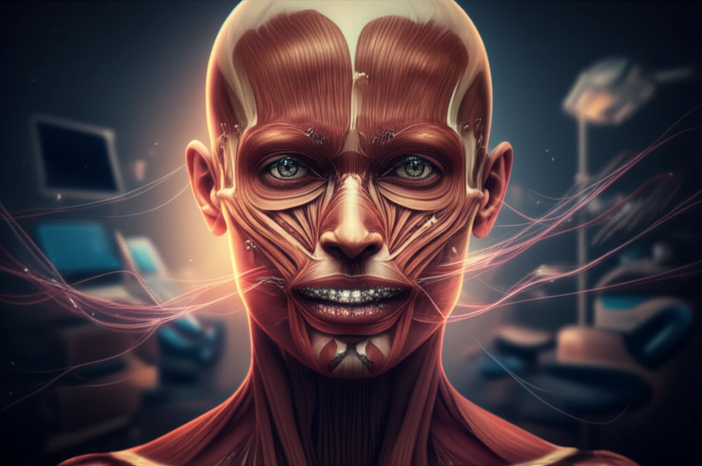 Abstract representation of orthodontics, blending mechanical elements with facial structure and function.