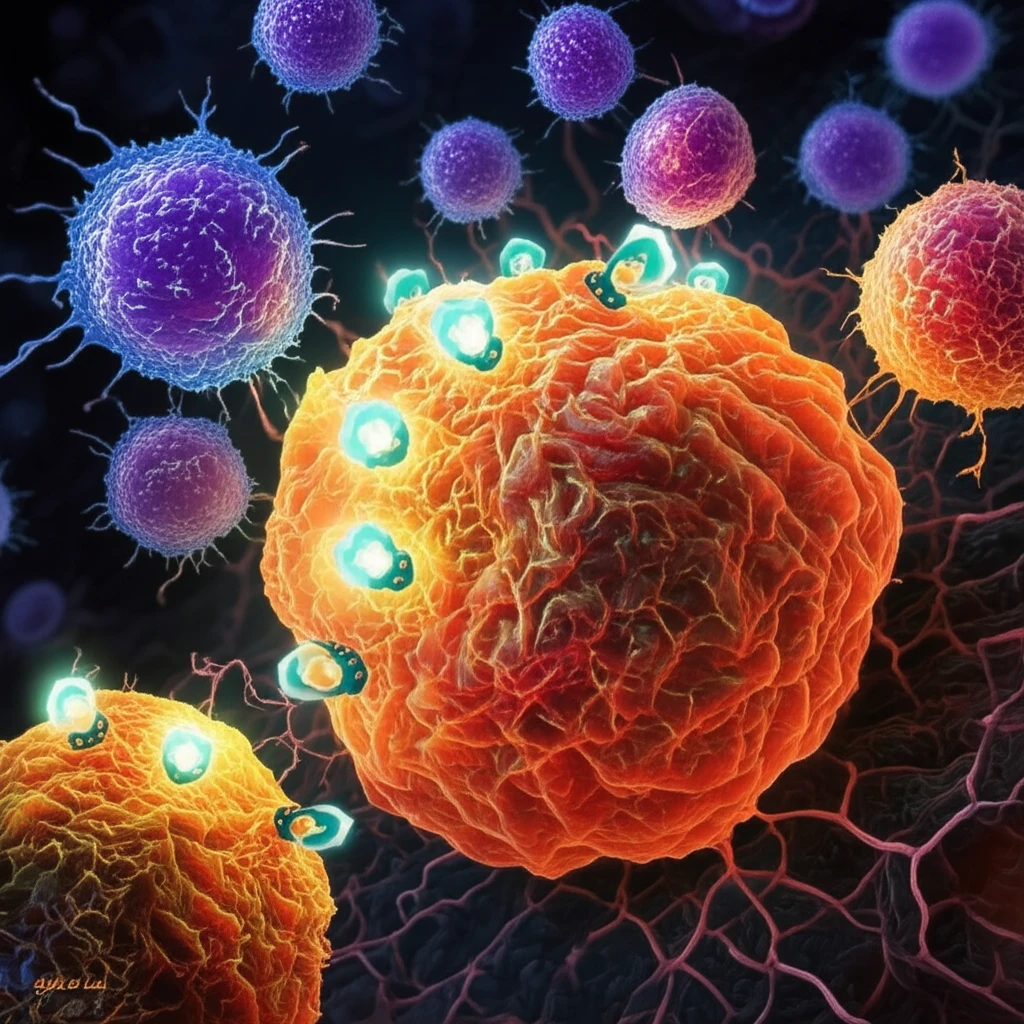Immune cells attacking a tumor cell.