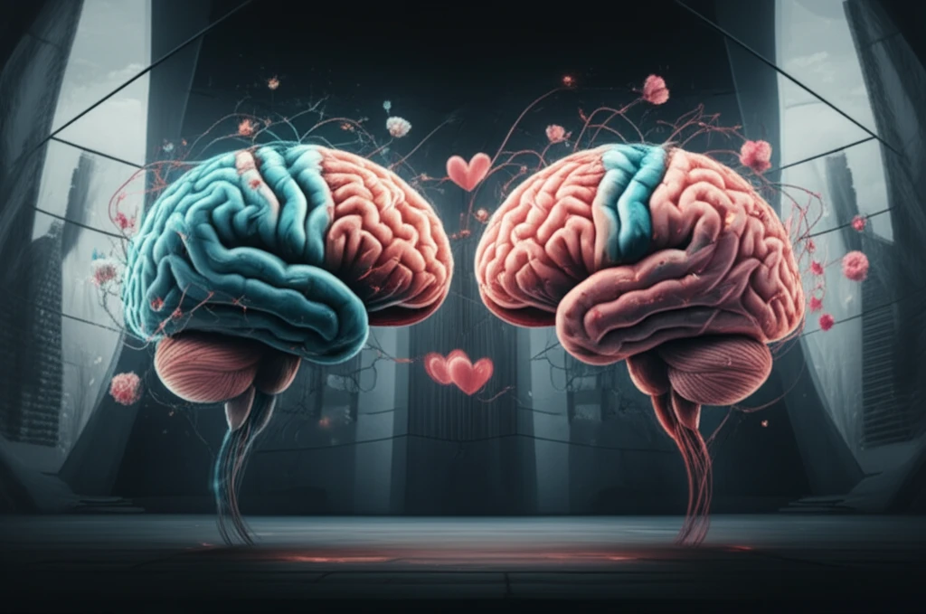 Illustration of male and female brains with romantic connections