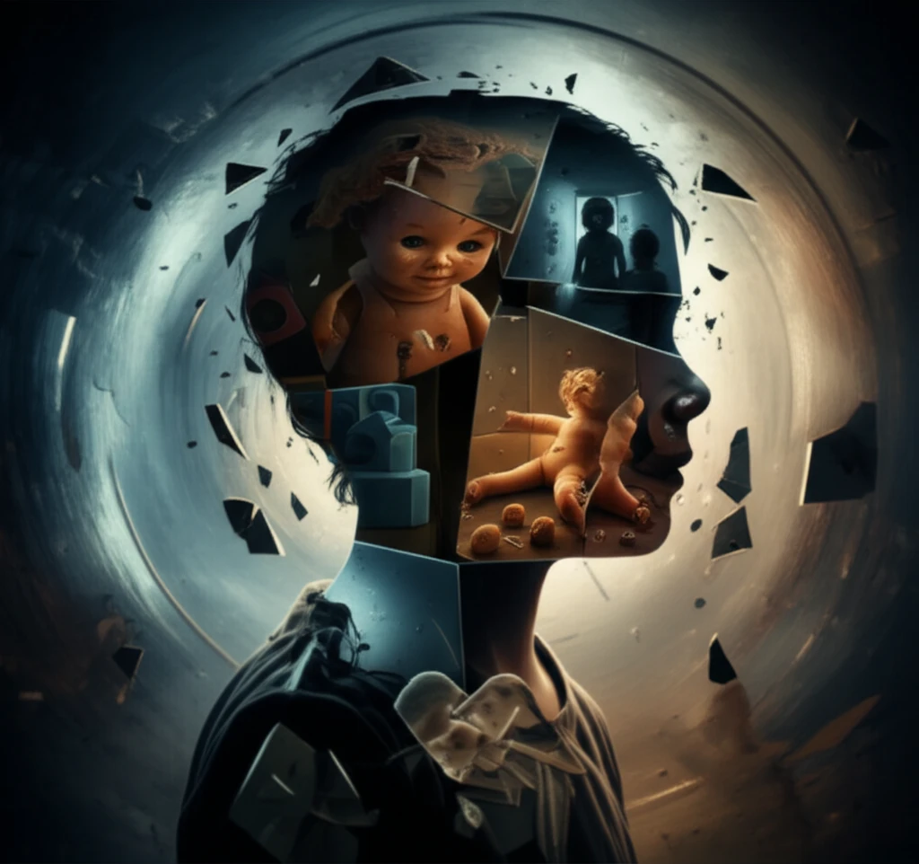 Illustration of fragmented memories within a silhouette, symbolizing childhood trauma and its long-term impact on memory.