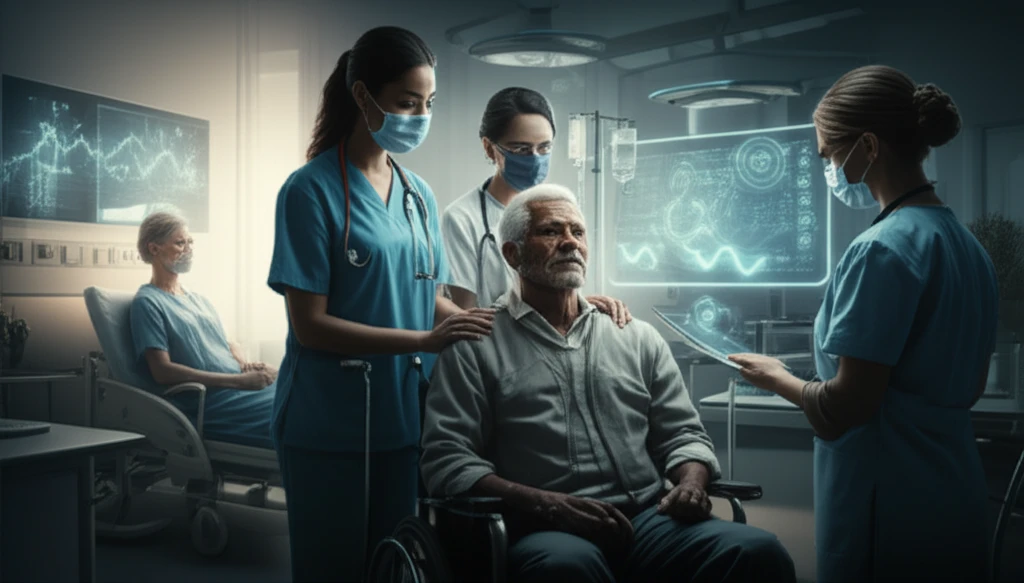 A veteran receiving concurrent cancer care, surrounded by a supportive medical team and advanced medical technology