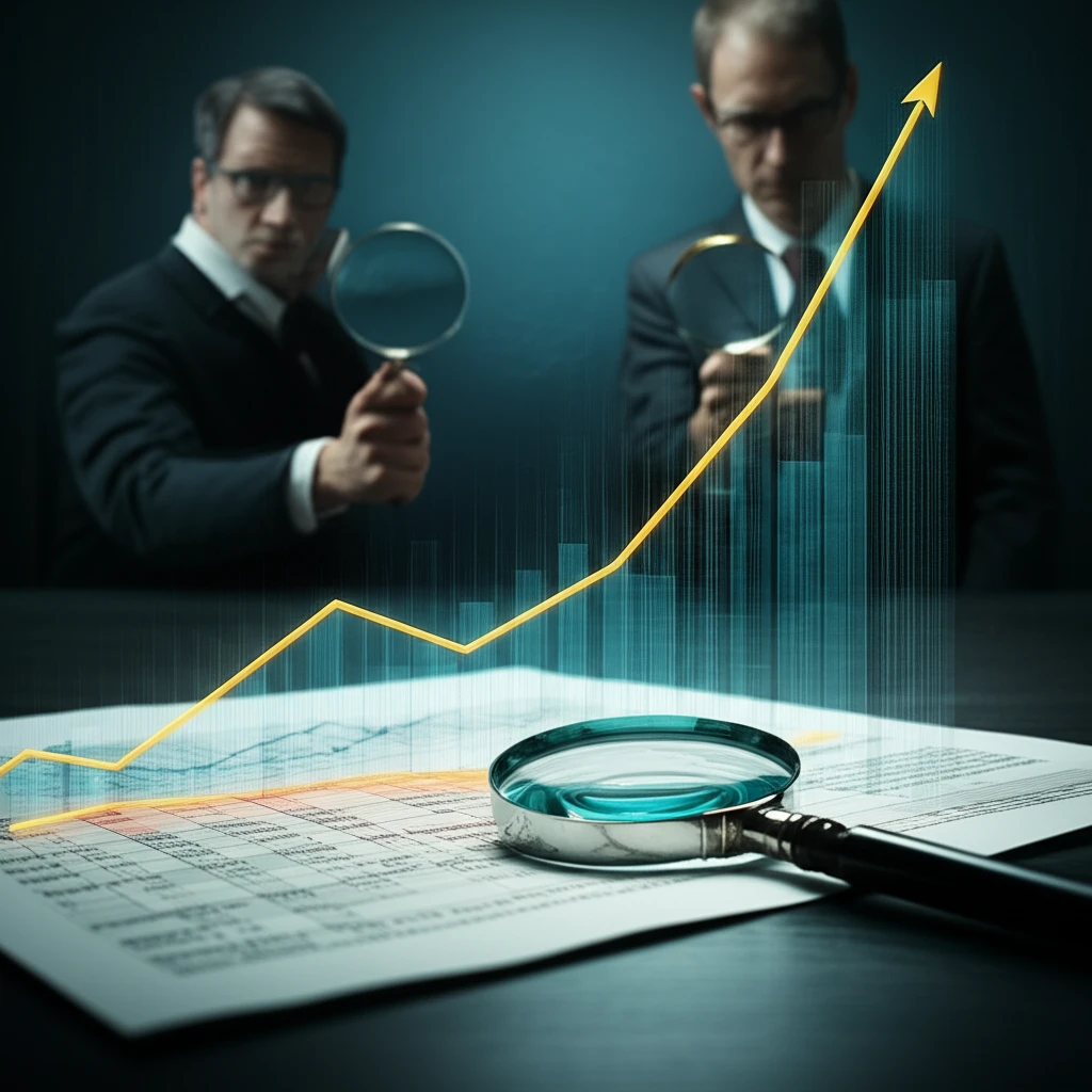 Stock chart morphing into financial report, transparent earnings.