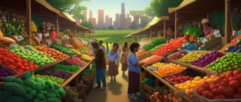 A vibrant farmers market scene with glowing food bucks, symbolizing access to healthy food in urban communities.