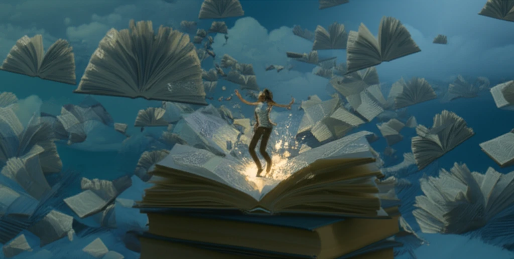 A woman breaking free from medical textbooks, symbolizing transformed medical education.