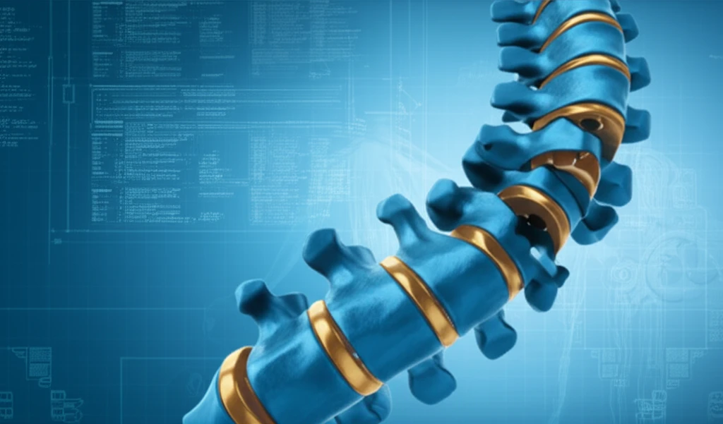 Surreal illustration of spinal fusion with merging vertebrae in blue and gold.