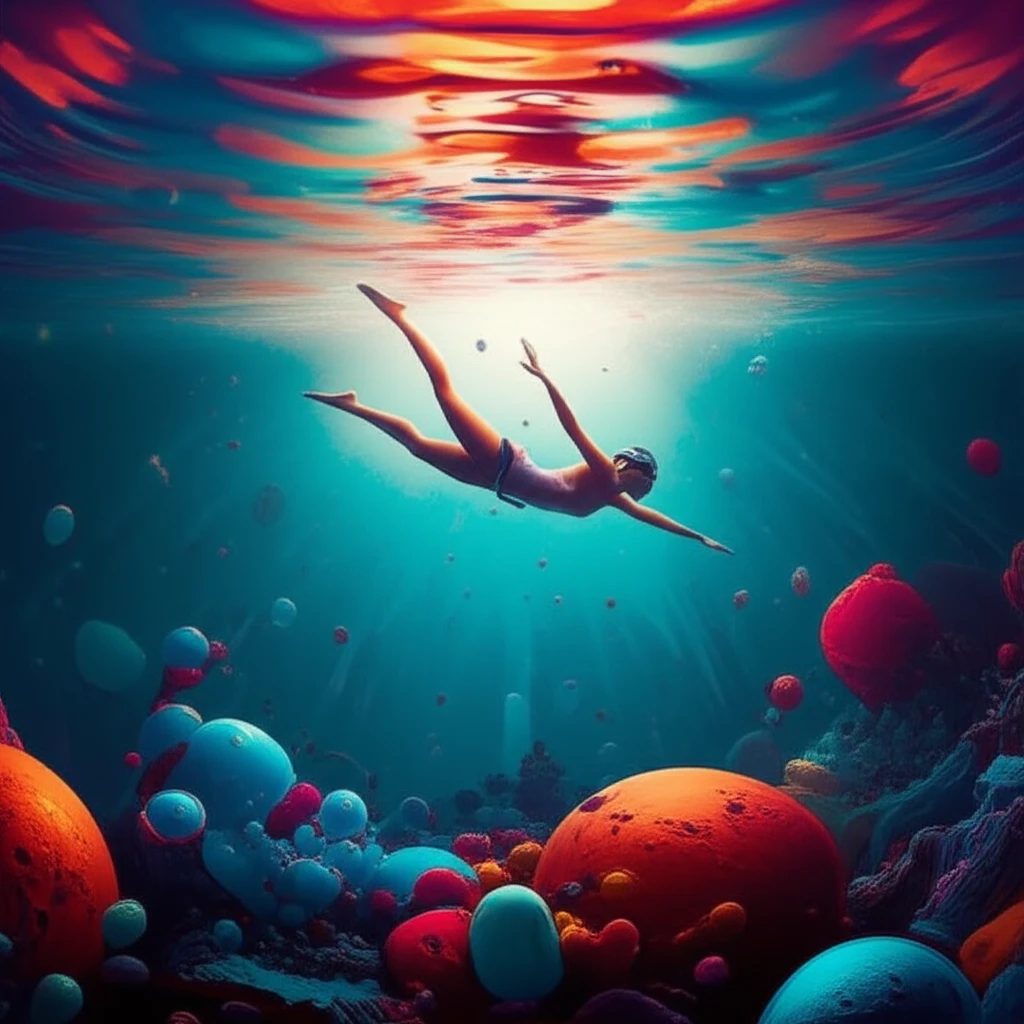 Surreal illustration of hidden chemical reactions in swimming pool water.