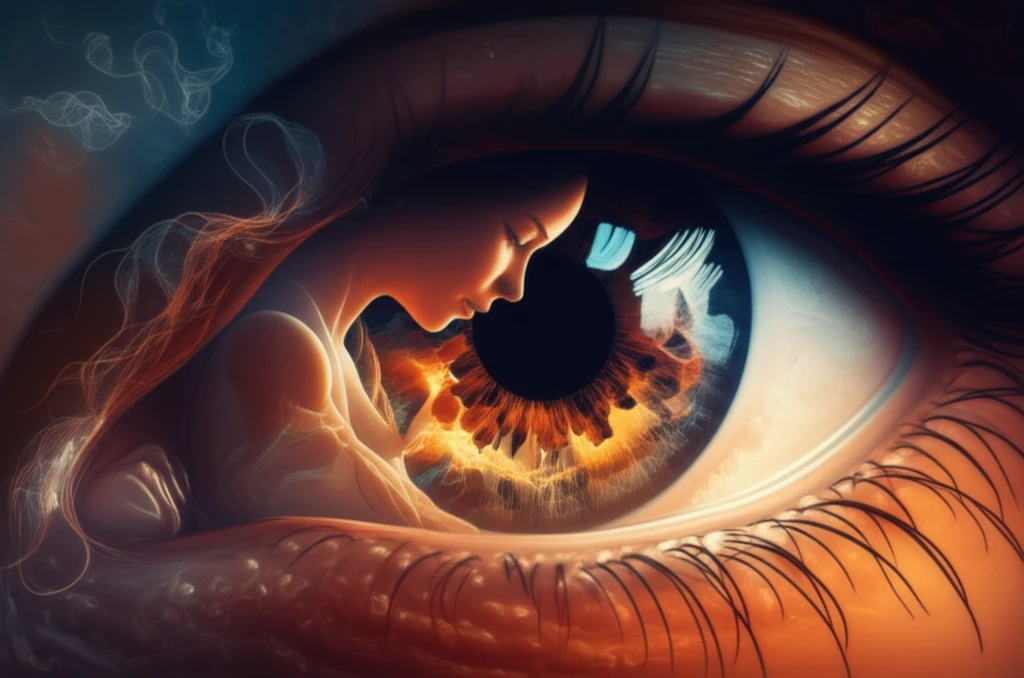 Symbolic illustration of the link between preeclampsia and uveitis, featuring a mother/child silhouette overlaid with an inflamed eye.