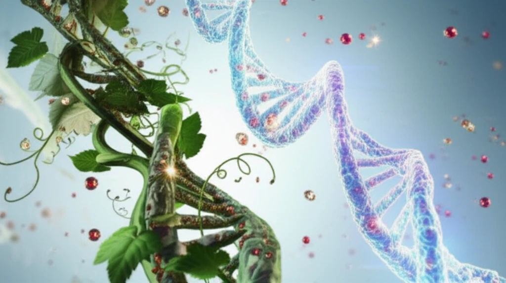 Grapevine intertwined with DNA helix and sparkling resveratrol molecules