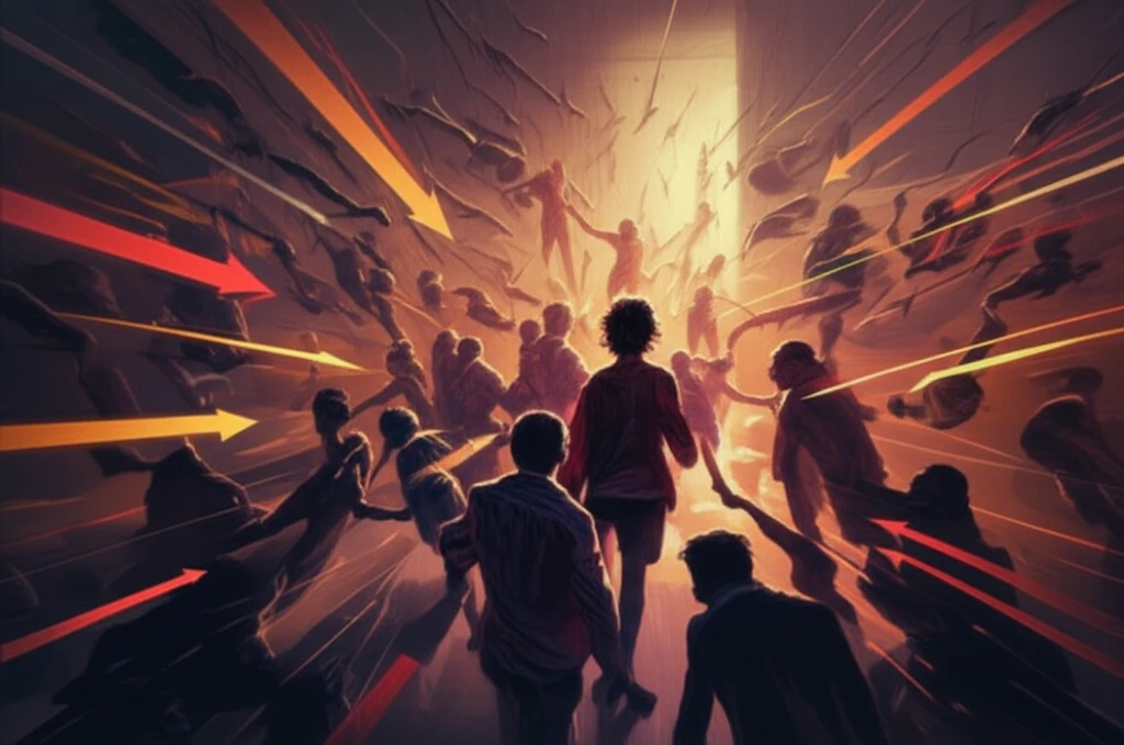 Digital illustration of crowded evacuation with arrows representing pressure and movement.