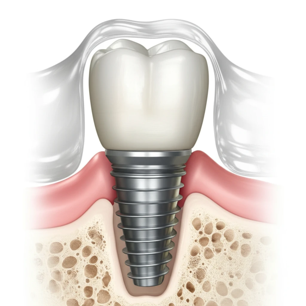 Dental implant with titanium mesh and membrane promoting bone growth