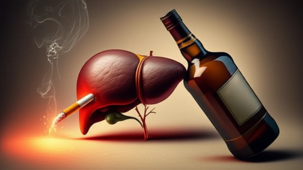 Surreal illustration of liver entwined with cigarette and alcohol.