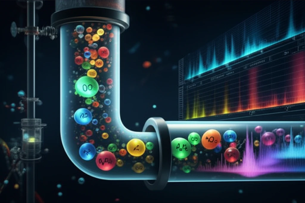 Surreal illustration of metabolite analysis with isotopes and chromatography.