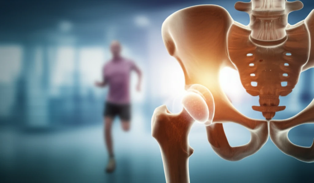 Illustration of hip joint with protective layer, symbolizing bone preservation.