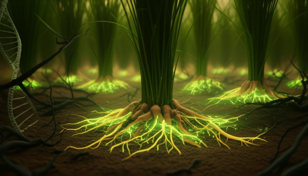 Rice roots suppressing weeds with glowing energy.
