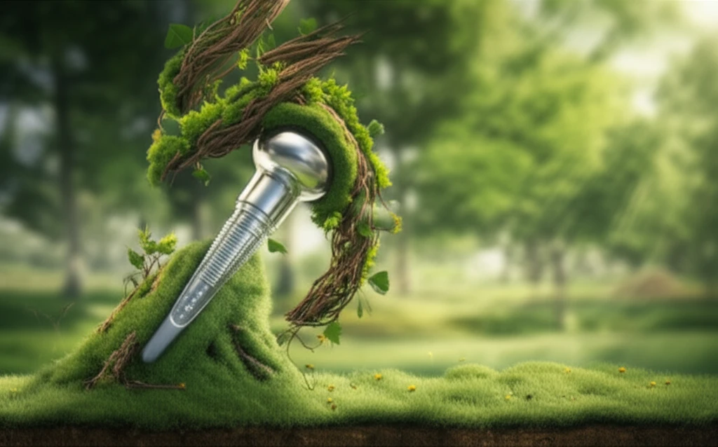 Metal hip implant seamlessly integrated into a vibrant natural environment