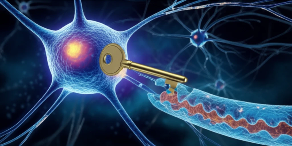 A re-engineered botulinum toxin molecule unlocks a nerve cell, symbolizing targeted therapy.