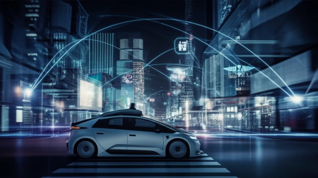 Futuristic self-driving car navigating a glowing city, symbolizing the intersection of technology, safety, and urban well-being.