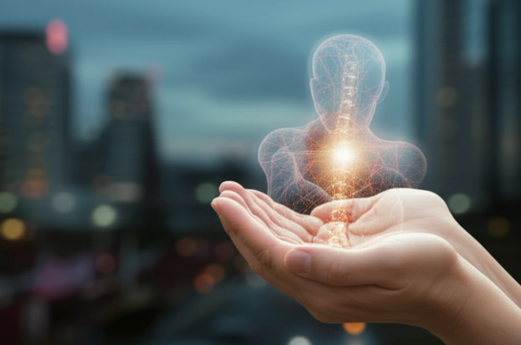 Hands cradling a glowing torso, symbolizing pain relief and return to daily life.