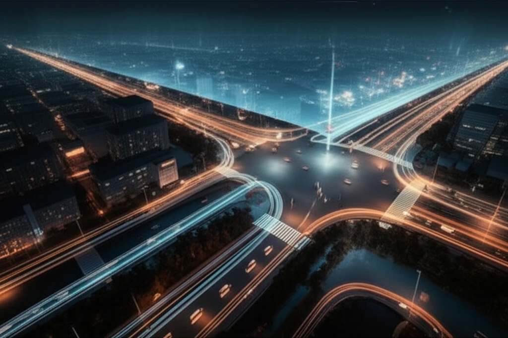 Futuristic city intersection with glowing traffic lines representing optimized flow and reserve capacity.