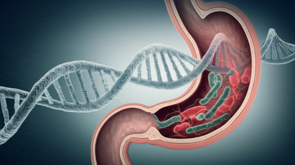 DNA and H. pylori bacteria intertwining, representing the link between genetics and gastric cancer risk.