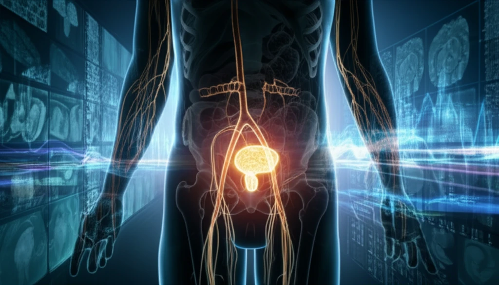 Illustration of prostate cancer treatment with radiation therapy and lymphatic system involvement
