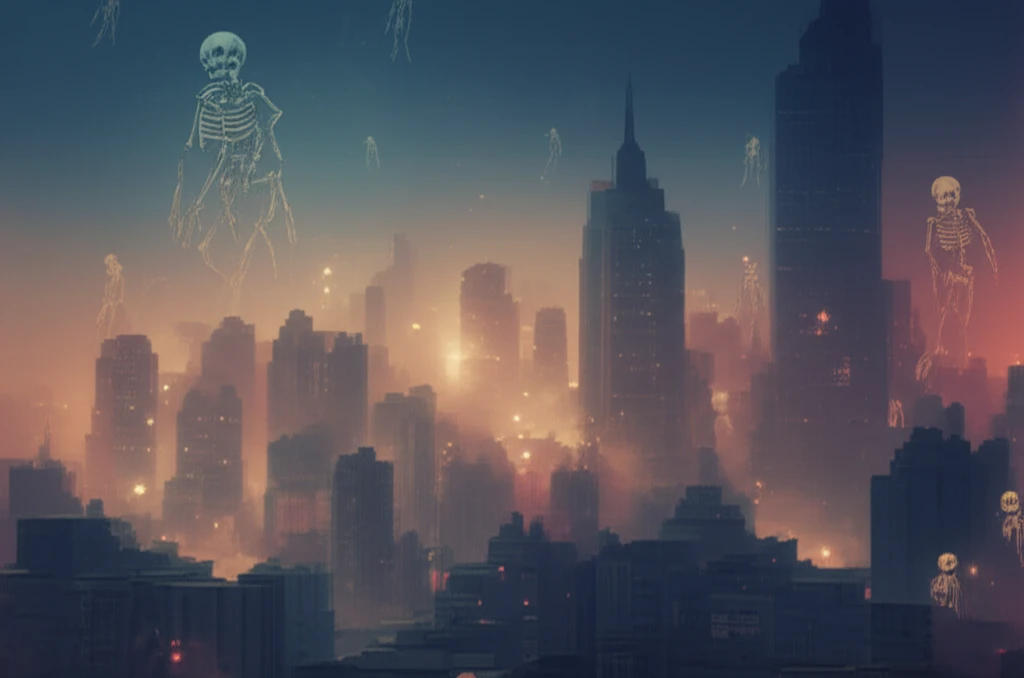 Smog-filled cityscape with dust particles as skeletons, illustrating urban air pollution.