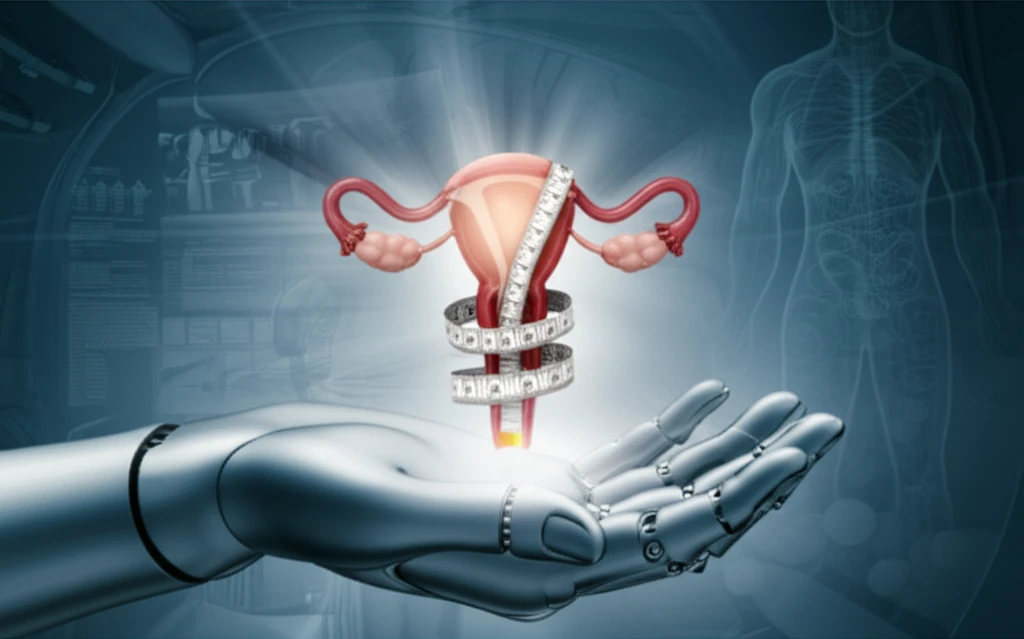 Stylized image of a uterus in a technological hand representing surgical decisions and care.