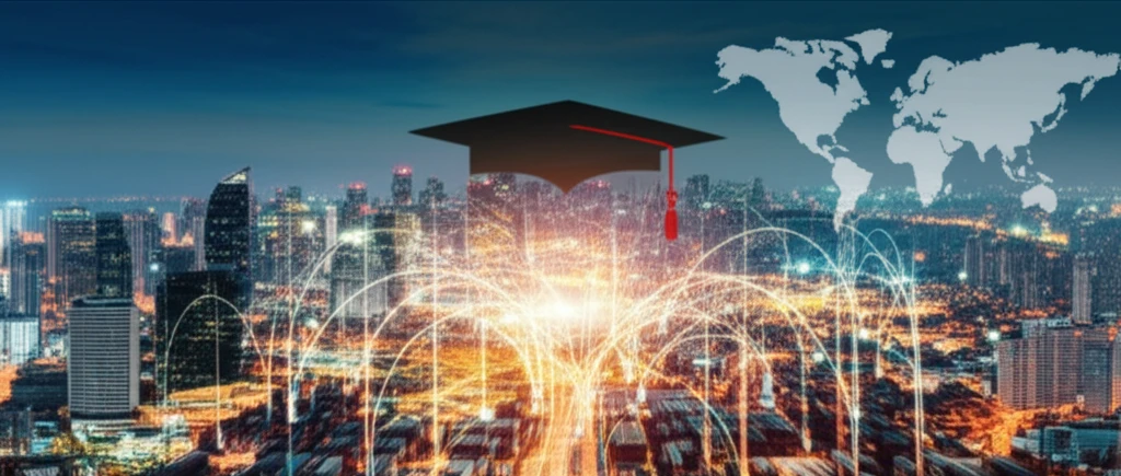 Global trade routes converge on an Asian cityscape, symbolizing the flow of goods, ideas, and human capital.