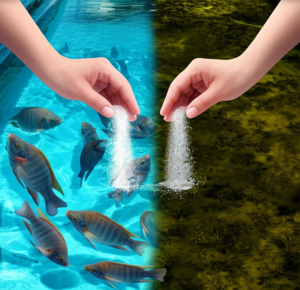 Balanced fish pond: Healthy tilapia swim in clear water while stagnant water is shown on the other side.