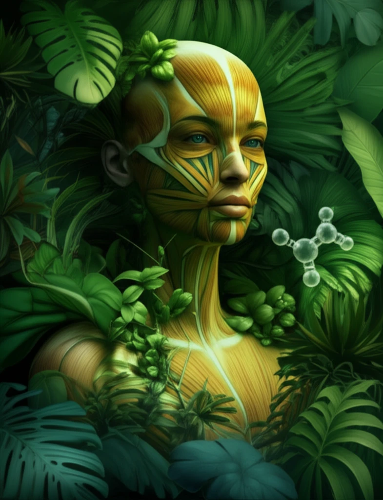 Woman surrounded by plants with muscle fiber patterns, symbolizing the connection between diet and muscle health.