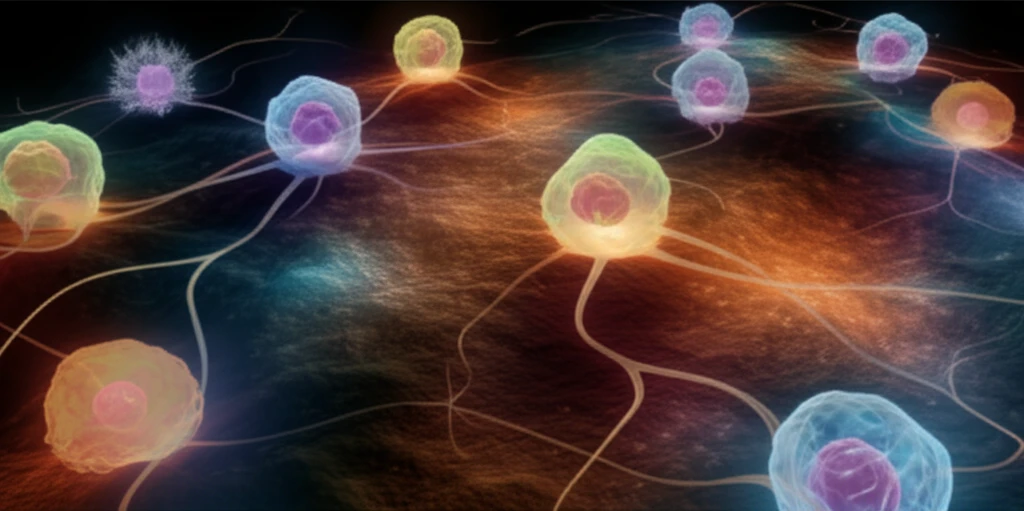 Microscopic landscape of glowing cancer cells connected by pathways of light.