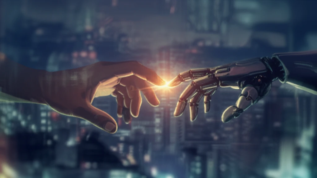 A human hand and robot hand touching, symbolizing connection in Lovotics.